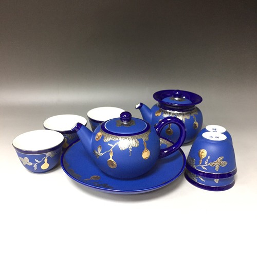 靛藍雙金葫蘆壺組<br>Indigo double-gold calabash pot set  |茶商品|瓷器茶具|壺組